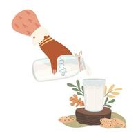 Milk and cookies. Woman pours milk. Morning breakfast concept. Cozy autumn days concept. vector
