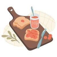 Raspberry jelly and toasts on a wooden tray. Morning breakfast concept. Cozy autumn days concept. vector