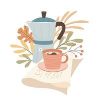 Morning coffee and newspaper. Cozy autumn working days concept. Vector illustration