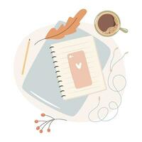 Laptop and hot cup of coffee. Cozy autumn working days concept. Vector illustration