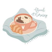 Morning coffee and croissants. Cozy sweater weather autumn days concept. vector