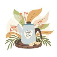 Hello Fall. Teapot and lemons on a wooden tray, with autumn leaves in background. Cozy autumn days concept. vector