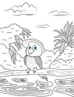 Coloring page, cute and calm parrot sits on the tree branch water river and leafs on background vector