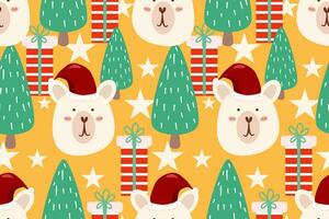 Christmas seamless pattern on orange background.seamless pattern of polar bear,tree,star,gift.cartoon character hand drawn vector illustration.design for texture,fabric,clothing,wrapping paper,print.