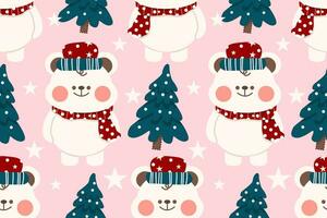 Christmas seamless pattern on pink background.seamless pattern of polar bear,tree,star.cartoon character hand drawn vector illustration.merry Christmas concept.design for texture fabric clothing,print