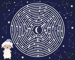 Childish labyrinth game, help little tired sheep find way to moon, sleeping concept and circle maze for children's books vector