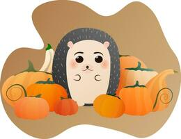 Cute hedgehog character for kids sitting near pumkins, autumn ilustration for greeting cards, posters, textile, stickers vector