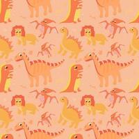 Seamless pattern with set of dinosaurs on lighr background with hand drawn elements, cute dino and lettering vector