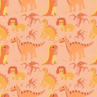 Seamless pattern with set of dinosaurs on lighr background with hand drawn elements, cute dino and lettering vector