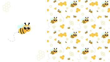 Cute bee cartoon character with honeycombs on greeting card for baby shower and seamless pattern for print or fabric, childish yellow motif vector