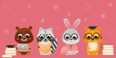 Educational web banner with cute animal character reading books and studying on pink background, e-learning concept for preschoolers vector