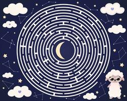 Maze for kids, difficult labyrinth with ute animal character - sheep in cartoon style, bedtime riddle , activity vector