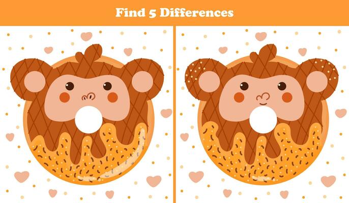 Educational find five differences puzzle for kids with cute animal donut - monkey sweets in cartoon style, printable game for children books