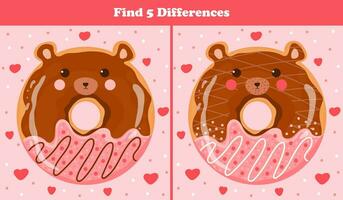 Educational find five differences puzzle for kids with cute animal donut - bear sweets in cartoon style, printable game for children books vector