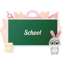 Cute bunny holding book and standing near blackboard, shool banner for kids in cartoon sryle, educational leaflet, back to school illustration vector