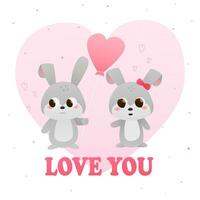 Little cute rabbit present balloon, fell in love, valentine gift card, love you illustration for kids in carton style on heart background vector