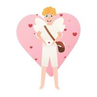 aventura amorosa personaje con alas y amor letras, chico participación sobre con bolso de letras, pequeño adorable Cupido para enamorado día vector