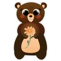 Cute bear with daisy sticker for kids, greeting illustration, adorable birthday animal with flower vector