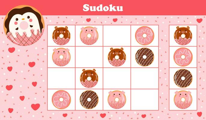 Printable sudoku worksheet for kids with cute animal donuts with penguin, pig and bear, puzzle for children book in cartoon style