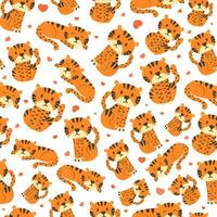 Seamleass pattern with cute tiger character on white background and heart shape for textile, print vector