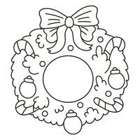 Christmas door wreath with bow and candy canes, christmas ornaments coloring page for kids vector