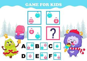 Printable christmas themed game for kids with yeti character with christmas tree trying to find answer for iq test while eating ice cream vector