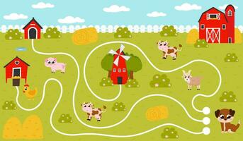 Find way game for kids with dog and farm themed elements, barn and windmill, doghouse and haystack vector