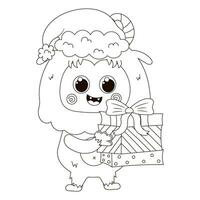 Cute coloring page with kawaii Christmas character Yeti in Santa costume holding Christmas gifts vector