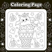 Halloween sweets themed coloring page for kids with kawaii ghost and pumpkin character shaped ice cream vector
