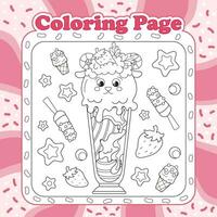 Summer sweets themed coloring page for kids with kawaii animal character sheep shaped ice cream with strawberry vector