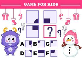 Printable christmas themed game for kids with yeti character with snowman trying to find answer for iq test vector