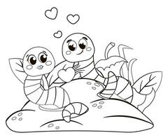 Coloring page with cute worms falling in love vector