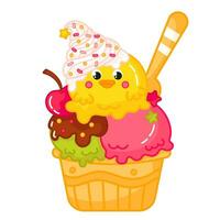 Tasty kawaii chick shaped ice cream in cone with cherry and cream cartoon for summer vector