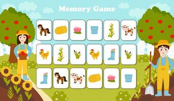 Memory game for kids with farming themed cards in cartoon style with animals and flowers, colorful worksheet vector