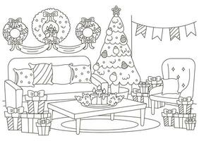 Christmas indoor interior of living room with christmas tree, table and holiday wreath coloring page vector