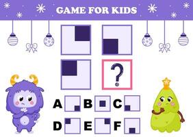 Printable christmas themed game for kids with yeti character with christmas tree trying to find answer for iq test vector