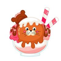 Tasty kawaii seal shaped ice cream in glass with chocolate biscuit and candy cane cartoon for summer vector