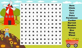 Garden with harvest with windmill, printable worksheet word search game for kids in cartoon style with scarecrow vector