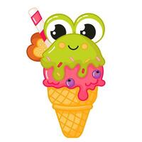 Tasty kawaii frog shaped ice cream in cone with candy cane and heart biscuit cartoon for summer vector