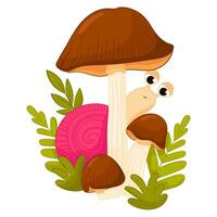 Cute snail on brown mushrooms in forest vector