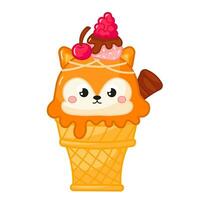 sabroso kawaii zorro o perro conformado hielo crema en cono con chocolate bar y baya dibujos animados para verano vector