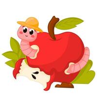 Cute cartoon worm character in the apple vector