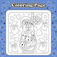 Víspera de Todos los Santos dulces temática colorante página para niños con kawaii calabaza y murciélago personaje conformado hielo crema vector