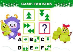 Printable christmas themed game for kids with yeti character with christmas tree trying to find answer for iq test vector