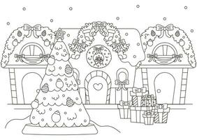 Christmas outdoor background with cozy winter houses and  christmas tree vector