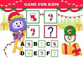 Printable christmas themed game for kids with yeti character and snowman dressed as elf and decorating christmas tree vector