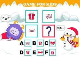 Printable christmas themed game for kids with yeti character sleeping and waiting for gift while snowman ddressed as santa trying to find answer for iq test vector