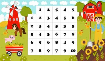 Printable math labyrinth for kids in cartoon style with farmer digging and barn, windmill vector