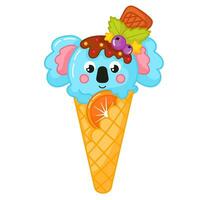 Tasty kawaii koala shaped ice cream in cone with chocolate bar and berry cartoon for summer vector