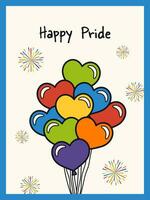 Pride month. Happy pride hand drawing greeting card with heart shape balloons and firework. vector